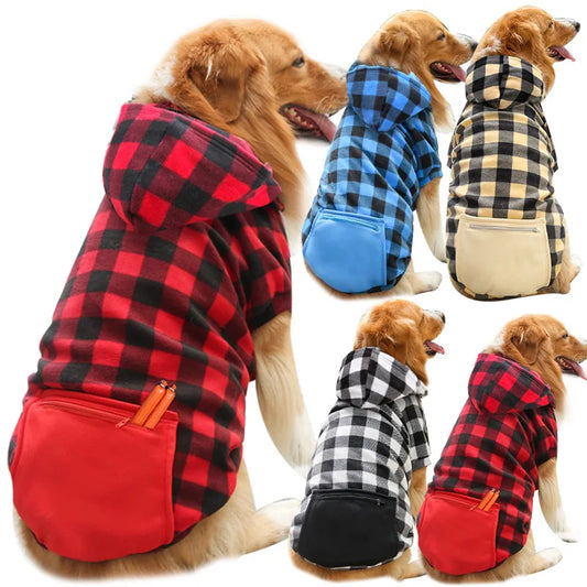 Reversible plaid winter coat for dogs.