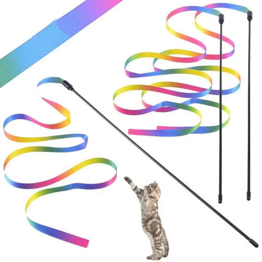 2PCS Rainbow Striped Cat Teaser Wand: Interactive Toy