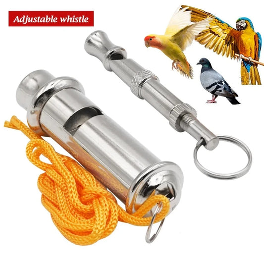Adjustable stainless steel pet training whistle.